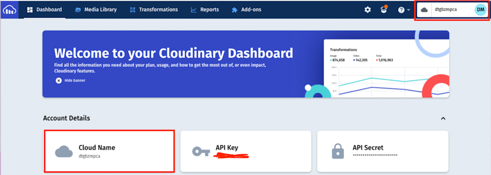 Welcome dashboard Cloudinary