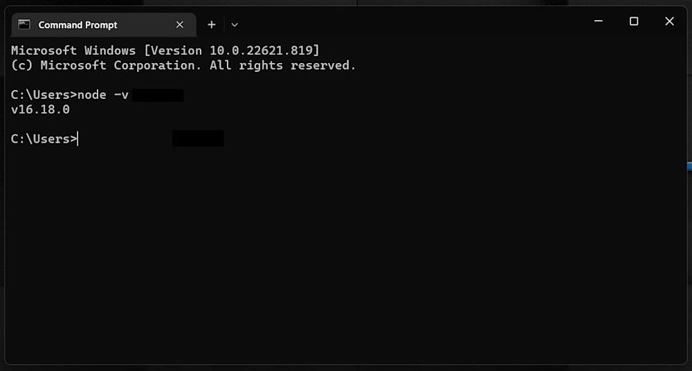 Command prompt install node successfully
