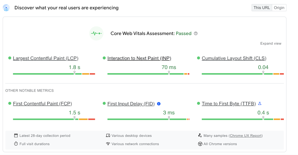 An example of Core Web Vitals from Google's PageSpeed Insights.